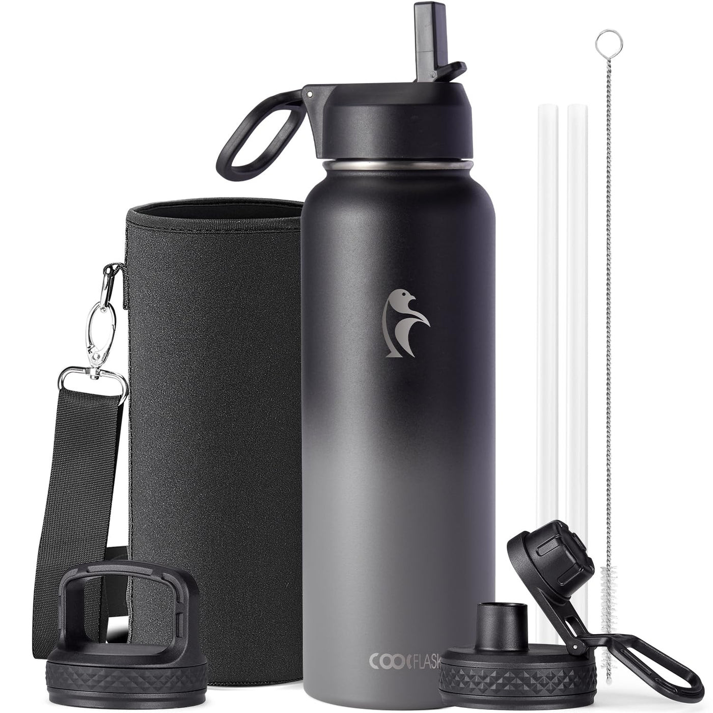 Water Bottle 40 oz Insulated with Straw&Brush, Coolflask Vaccum Stainless Steel Metal 3 Lids Water Flask for Sports, Gym or Office, Keep Cold 48H Hot 24H, Magic Black
