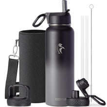 Water Bottle 40 oz Insulated with Straw&Brush, Coolflask Vaccum Stainless Steel Metal 3 Lids Water Flask for Sports, Gym or Office, Keep Cold 48H Hot 24H, Magic Black