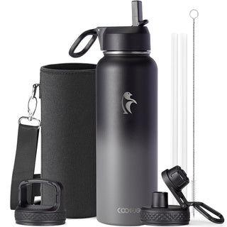 Water Bottle 40 oz Insulated with Straw&Brush, Coolflask Vaccum Stainless Steel Metal 3 Lids Water Flask for Sports, Gym or Office, Keep Cold 48H Hot 24H, Magic Black