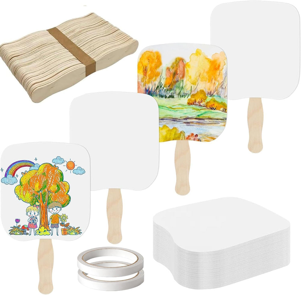 LOTMER 75 Pcs Church Fans Handheld Set, 50 Blank Cardstock Paper Fans with 25 Wavy Wooden Sticks, Paper Fan Handheld for DIY Painting Custom Fans (25 Sets)
