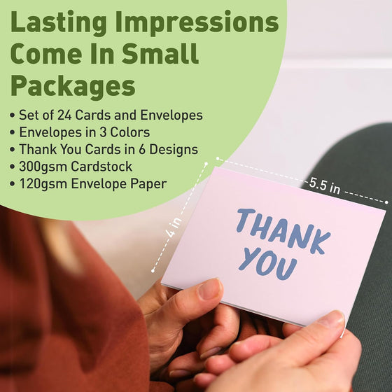 S&O Thank You Cards with Envelopes - Blank Decor sheets for Handwritten Messages -Greeting Notes and Covers Set of 24 - Assorted Thank You Cards with Stylish Color Envelopes to Mix & Match - hover image