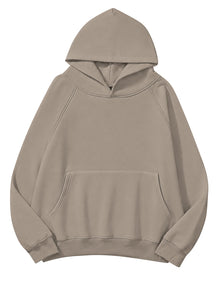 Lauweion Women Solid Basic Fleece Letter Loose Hoodie Sweatshirt Long Sleeve Kangaroo Pocket Drop Shoulder Pullovers Top