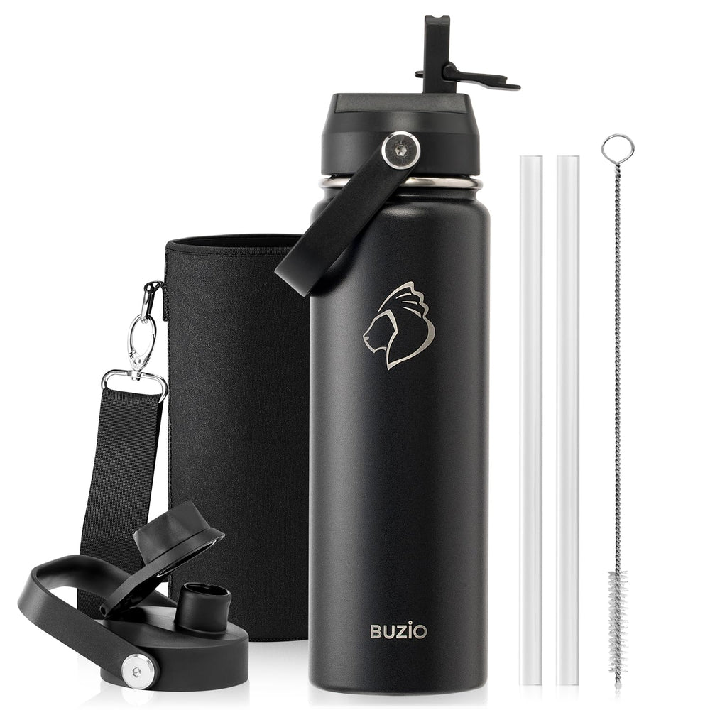 BUZIO 40oz Insulated Water Bottle, Triple Wall Vacuum Stainless Steel Water Flask with 2 lids, Lead-Free BPA-Free Straw Lid Sports Canteen Jug, Cold 48H & Hot 24H- Black