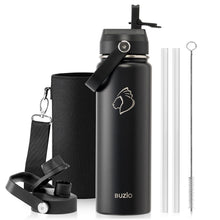BUZIO 40oz Insulated Water Bottle, Triple Wall Vacuum Stainless Steel Water Flask with 2 lids, Lead-Free BPA-Free Straw Lid Sports Canteen Jug, Cold 48H & Hot 24H- Black