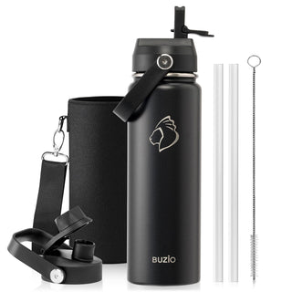 BUZIO 40oz Insulated Water Bottle, Triple Wall Vacuum Stainless Steel Water Flask with 2 lids, Lead-Free BPA-Free Straw Lid Sports Canteen Jug, Cold 48H & Hot 24H- Black