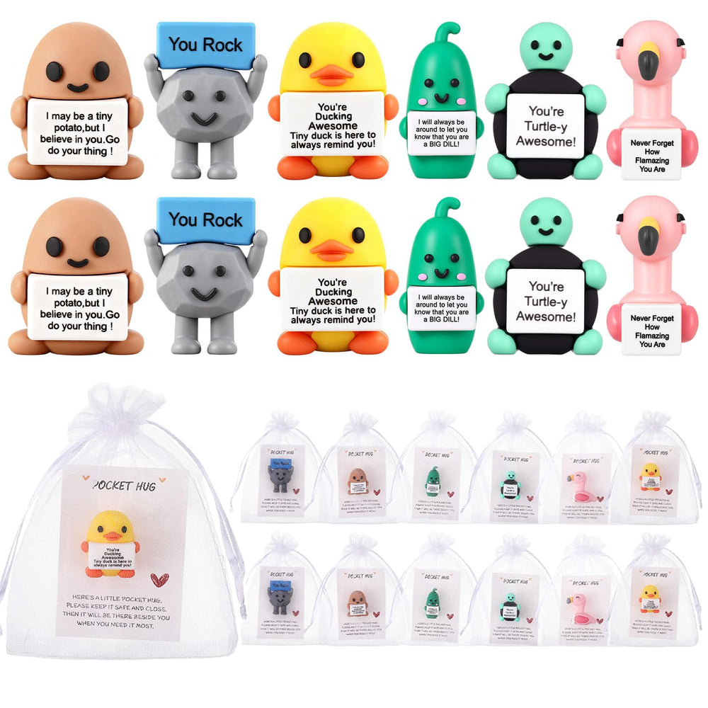 Gejoy 12 Pcs Pocket Hug Gift Set Tiny Rubber Figurines with Inspirational Message Organza Bags Glue Points Motivational Positive Gifts for Graduation Family Friends Colleagues Teachers(Stylish)