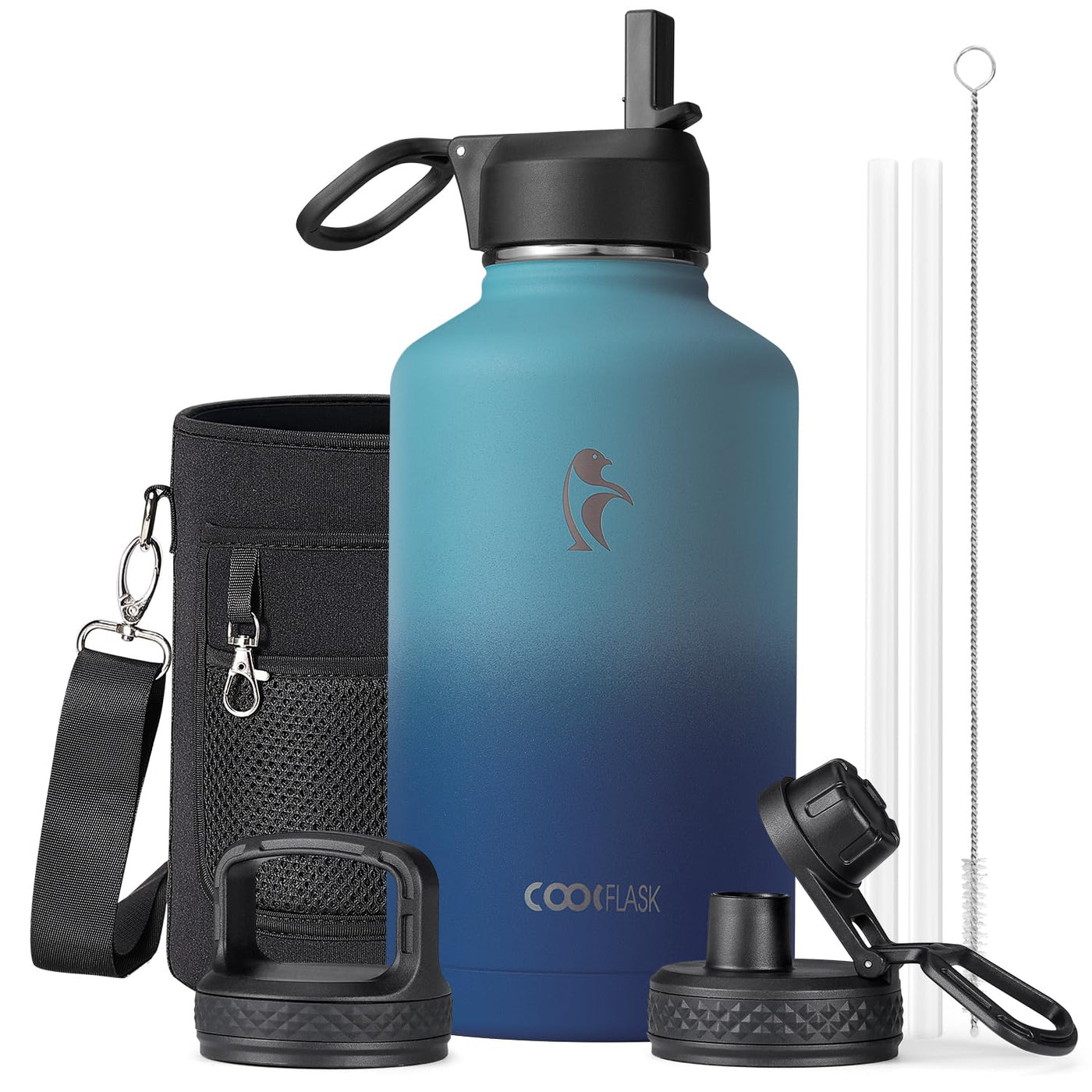 Water Bottle 40 oz Insulated with Straw&Brush, Coolflask Vaccum Stainless Steel Metal 3 Lids Water Flask for Sports, Gym or Office, Keep Cold 48H Hot 24H, Magic Black