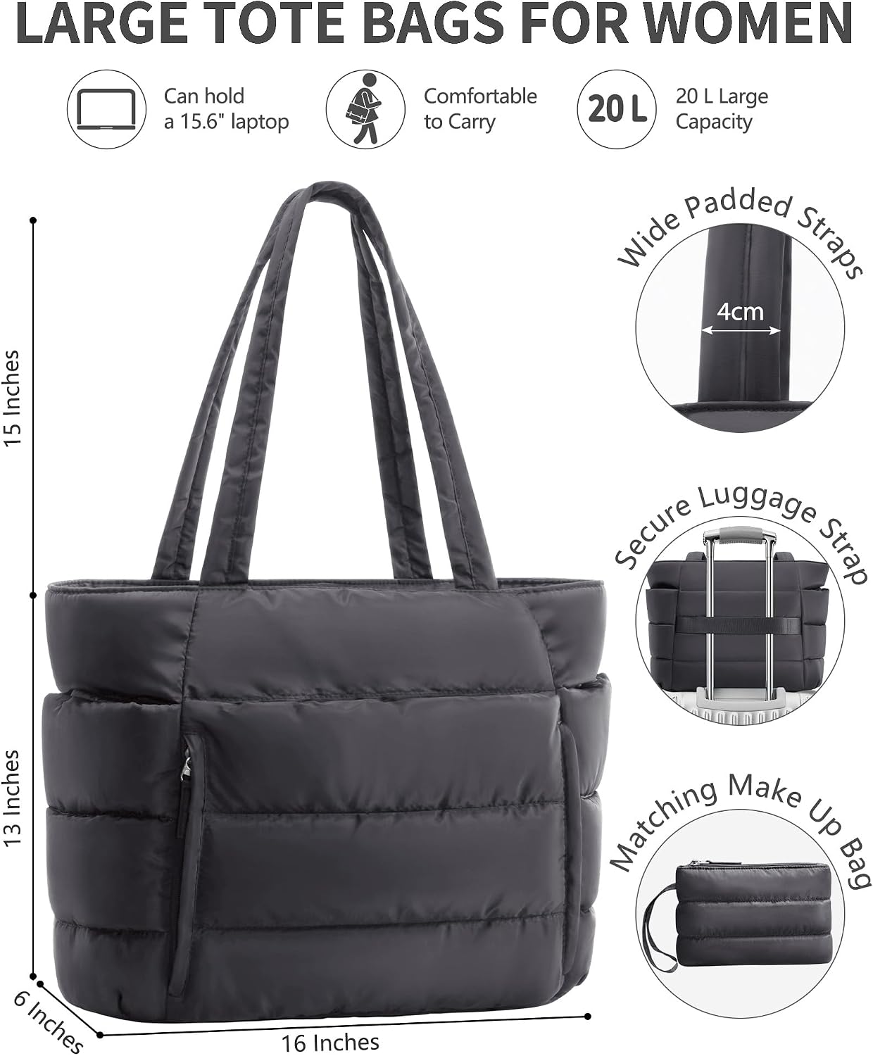 Bagstellar Puffer Tote Bag for Women, Lightweight Puffy Work Handbag Teacher Nurse Quilted Shoulder Bag for School Travel Gym | Cloud Bag w/ Zipper