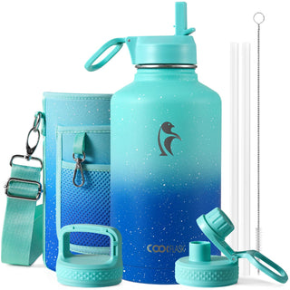 Water Bottle 40 oz Insulated with Straw&Brush, Coolflask Vaccum Stainless Steel Metal 3 Lids Water Flask for Sports, Gym or Office, Keep Cold 48H Hot 24H, Magic Black