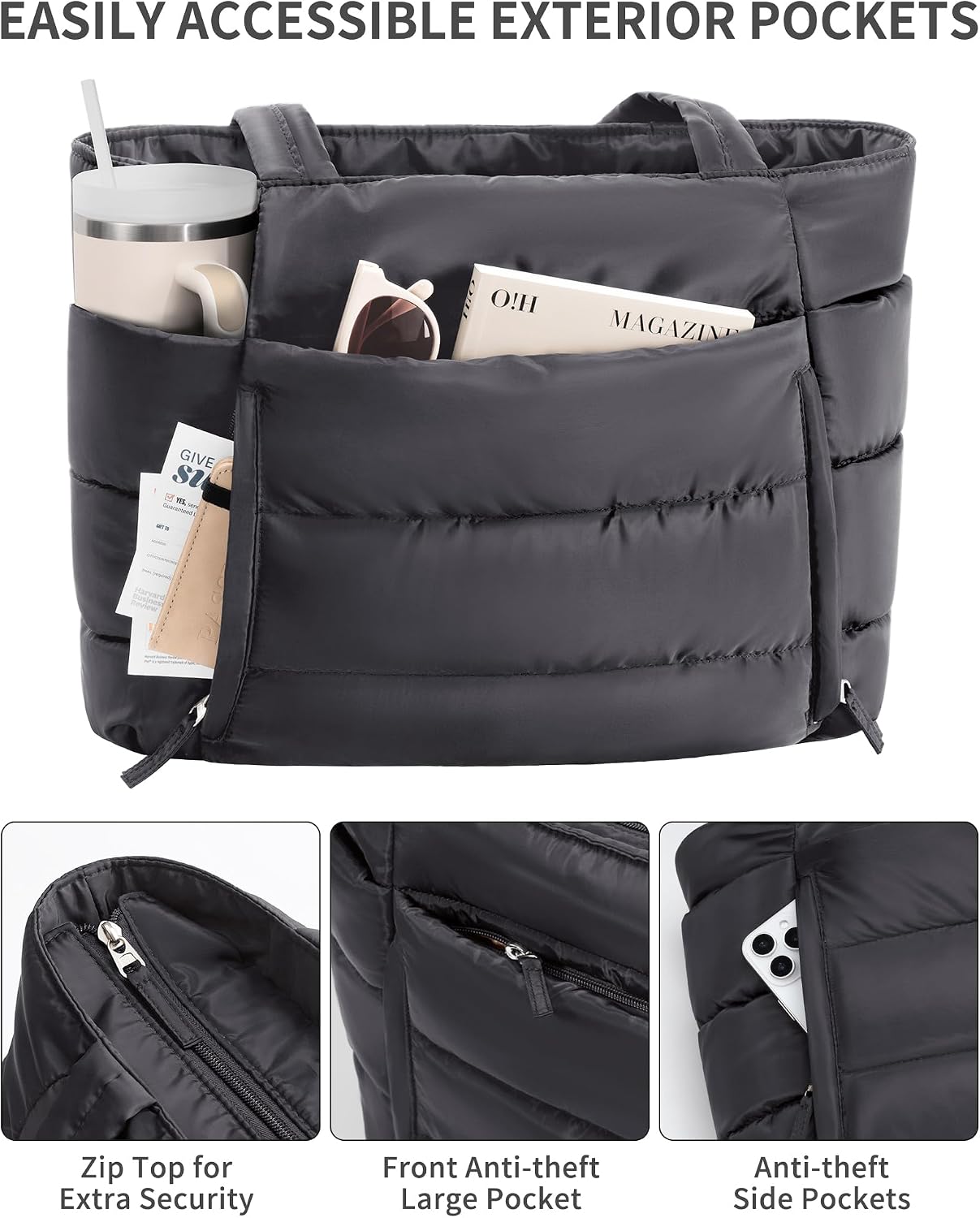 Bagstellar Puffer Tote Bag for Women, Lightweight Puffy Work Handbag Teacher Nurse Quilted Shoulder Bag for School Travel Gym | Cloud Bag w/ Zipper