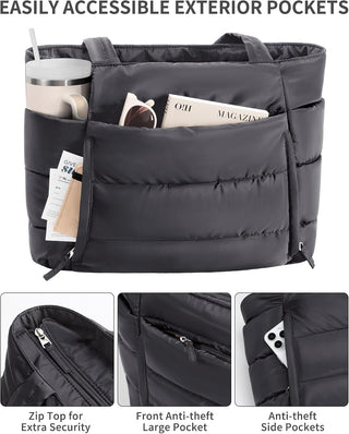 Bagstellar Puffer Tote Bag for Women, Lightweight Puffy Work Handbag Teacher Nurse Quilted Shoulder Bag for School Travel Gym | Cloud Bag w/ Zipper