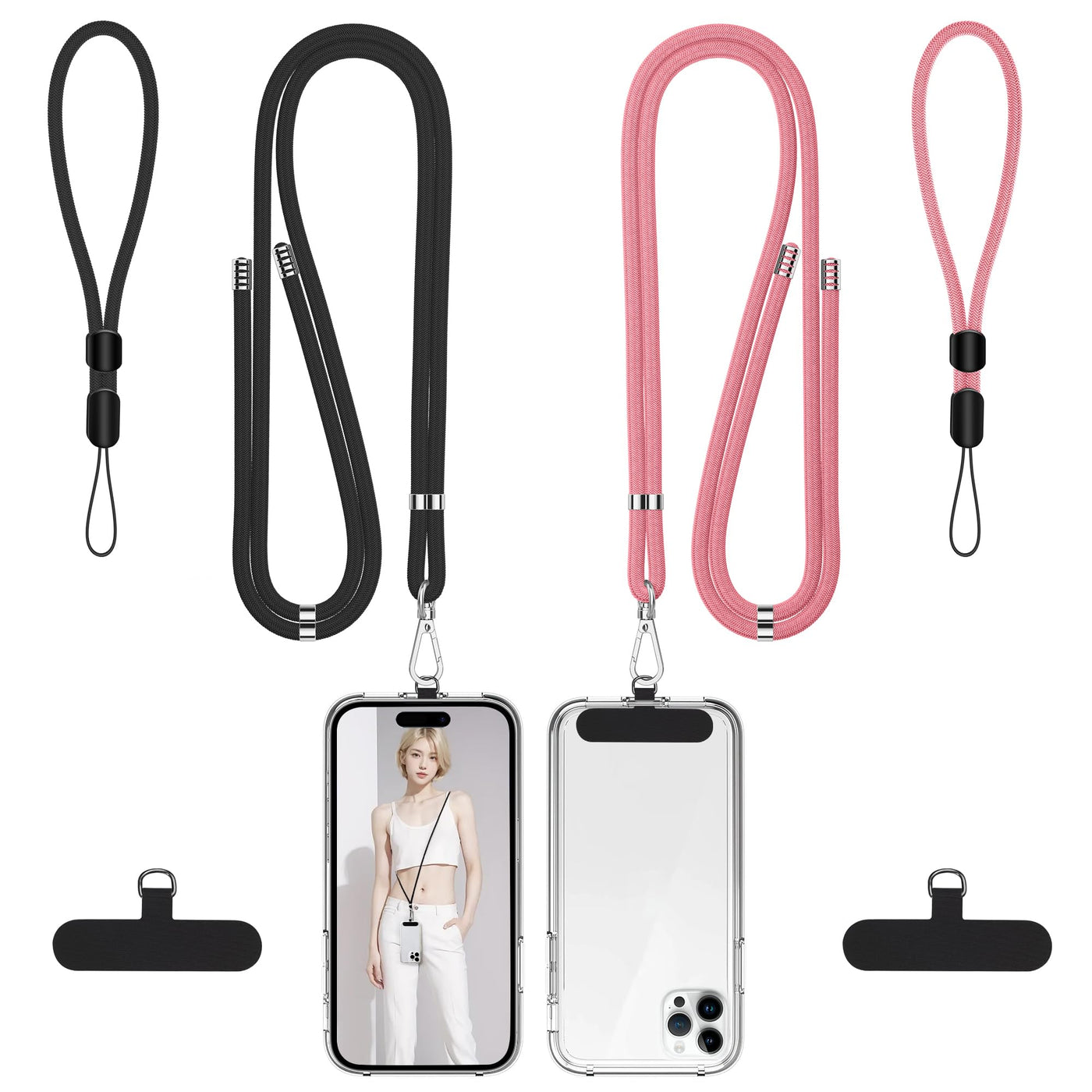 takyu Phone Lanyard, 2 Pack Adjustable Cell Phone Lanyard Crossbody Neck Strap & 2 Pack Phone Wrist Strap with 2 Pcs Tether Tabs Compatible for iPhone Android Smartphones-Black Grey