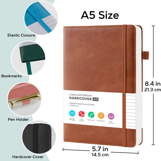 Lined Journal Notebook, A5 (5.7'' x 8.4"), 2 Pack Journaling Notebooks for Women Men Writing Work, Leather Hardcover, 160 Pages per Note Book, 100GSM Thick Paper, School Office Supplies, Black & Brown - hover image