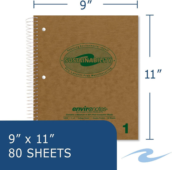 ROARING SPRING Environotes Recycled Spiral Notebook, College Ruled 1 Subject Notebook, 11" x 9", 80 Perforated Sheets, 20 lb Recycled Paper, Double Pocket, 3 Hole Punched, Made in USA - hover image