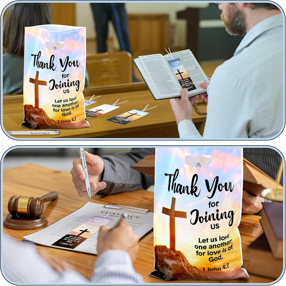 Supervitae 108 Pcs/36 Sets Church Welcome Gift Pockets Bulk Church Visitor Gifts 36 Religious Brochure Bags with Handle 36 Thank You for Joining Us Ballpoint Pen 36 Bookmark for Christian Supplies