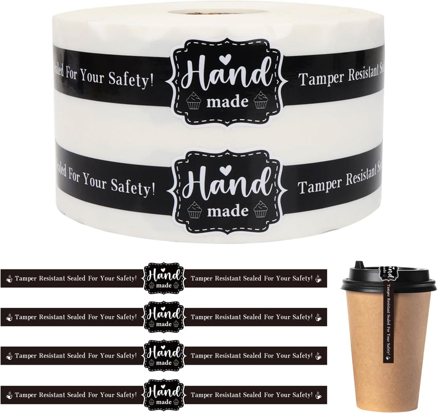 400 PCS Food Retail Package Seal Stickers 9 x 1 Inch Hand Made Sticker Self-Adhesive Roll up Tamper Evident Lids Stickers Tamper Resistant Labels for Handmade Crafted Baking Black