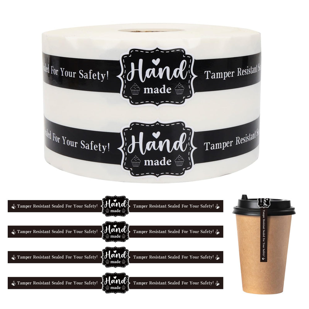 400 PCS Food Retail Package Seal Stickers 9 x 1 Inch Hand Made Sticker Self-Adhesive Roll up Tamper Evident Lids Stickers Tamper Resistant Labels for Handmade Crafted Baking Black