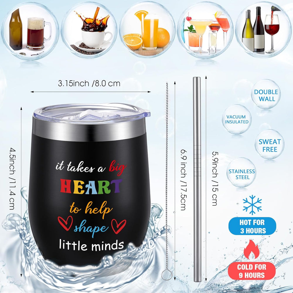 Umigy 24 Pcs Teacher Appreciation Gift Bulk 12 oz End Year of Teacher Black Wine Tumblers Graduation Thank You Gift 8 Rainbow Makeup Bag 8 Apple Shaped Keychain 8 Mug Cups for Women School (Bright)