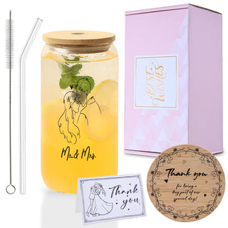 Mr. & Mrs. Glass Tumbler Set, 16oz Glass Cups with Bamboo Lids, Straws & Coasters, Bridal Shower & Wedding Thank You Gift for Couples