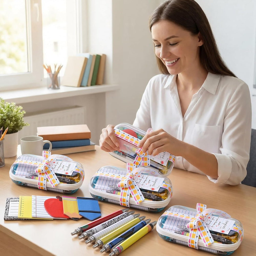Landhoow 6 Sets/75 Pcs Backto School Teacher Gifts Bulk Set Clear Hard Case Zipper Pouch Pastel Ballpoint Pens & Sticky Notes Blue and Yellow Raffia Adorable Printed Pencil Ribbons with Thank You Card