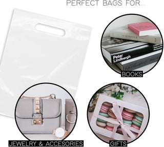 Purple Q Crafts Plastic Bag With Die Cut Handle 9" x 12" White Merchandise Bags 100 Pack for Retail, Gifts and Shows