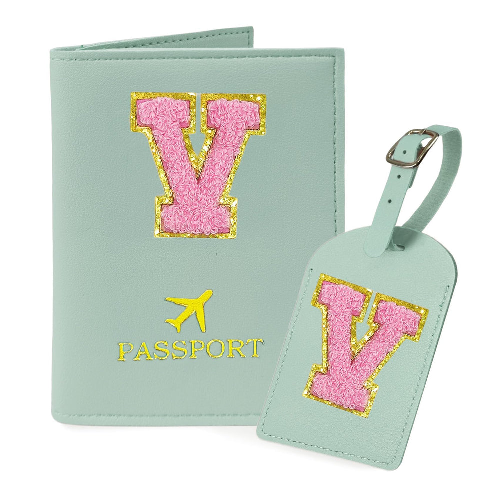 COSHAYSOO Purple Passport Cover Holder and Initial Luggage Tag Set TSA Approved with Personalized Monogram Chenille Letter Patch for Women Teen Girls, Cute Travel Bag Suitcase Identifier (A)