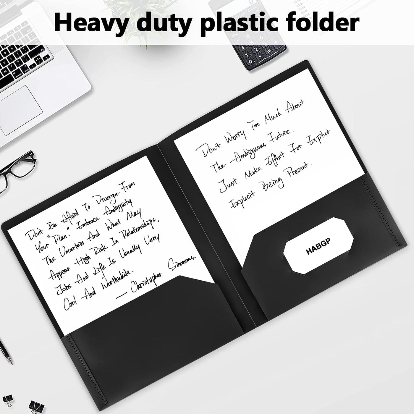HABGP 6 Pack Black File Folders with Pockets and Business Card Slot, Letter Size Plastic 2 Pocket Folders for Documents, Office Filing Cabinet Folders, School Supplies for College Students