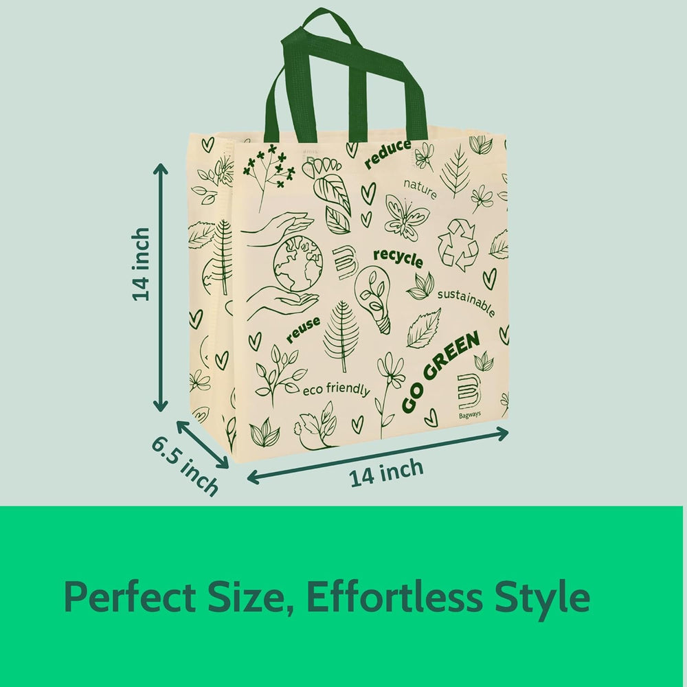 Bagways 30 PACK Reusable Grocery Bags with Handles, Durable, Foldable, Washable Eco-Friendly Shopping Totes, 14x6.5x14 Inch, Beige/Green Eco Doodles Design