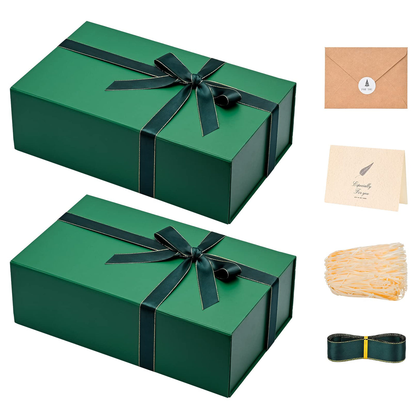 LIFELUM Green Gift Box for Presents 1 Pack 13.85 x 8.35 x 4.45 inch Big Decorative Large Gift Box for Clothes with Magnetic Lids Luxury Accessories Card, Ribbon, Filler,Sticker
