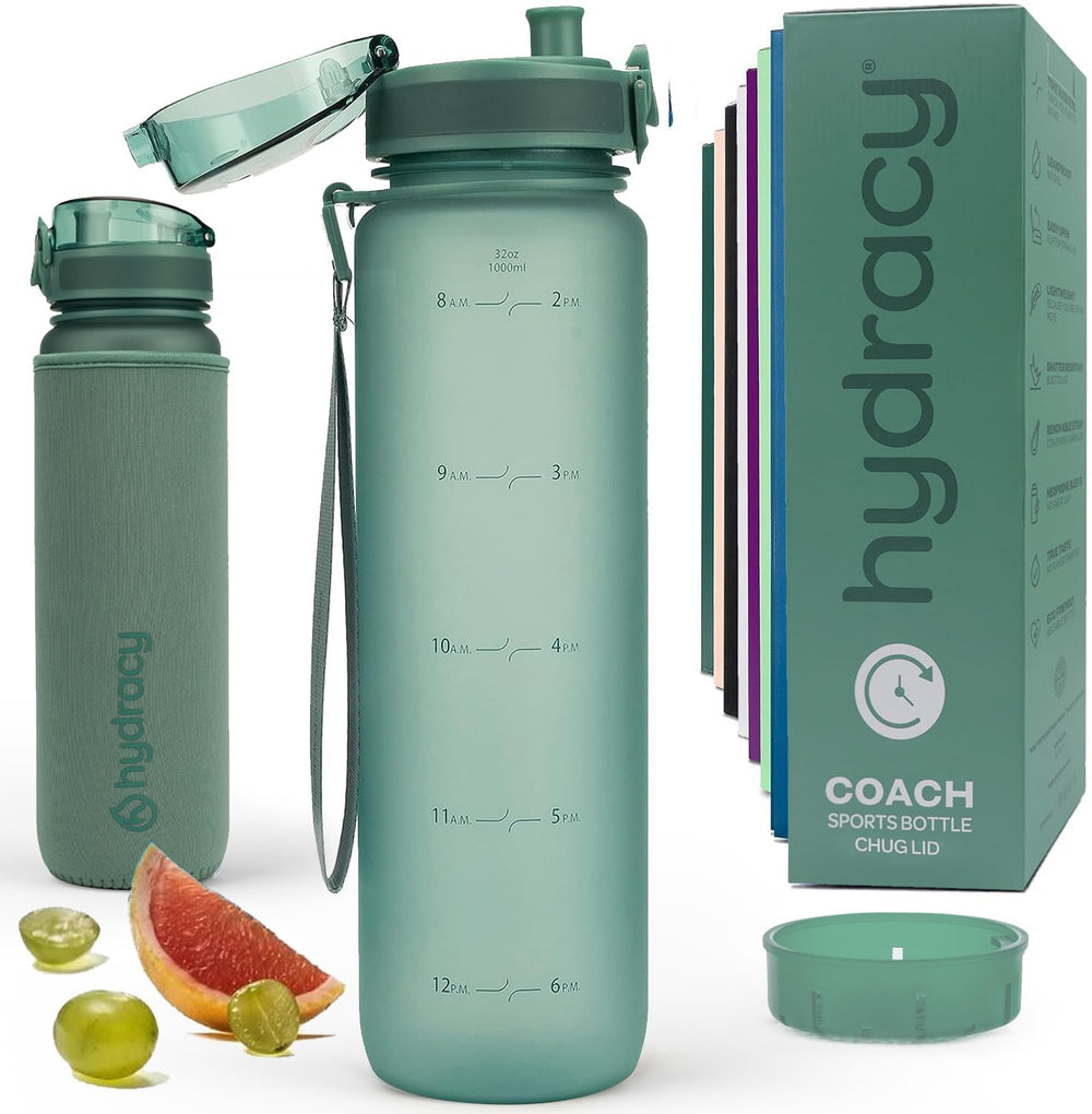 Hydracy Water Bottle with Time Marker -Large BPA Free Water Bottle & No Sweat Sleeve -Leak Proof Gym Bottle with Times to Drink - Ideal for Fitness Sports & Outdoors