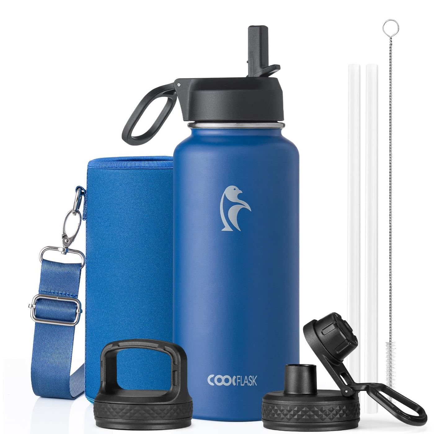 Water Bottle 40 oz Insulated with Straw&Brush, Coolflask Vaccum Stainless Steel Metal 3 Lids Water Flask for Sports, Gym or Office, Keep Cold 48H Hot 24H, Magic Black