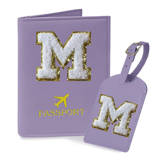 COSHAYSOO Purple Passport Cover Holder and Initial Luggage Tag Set TSA Approved with Personalized Monogram Chenille Letter Patch for Women Teen Girls, Cute Travel Bag Suitcase Identifier (A)