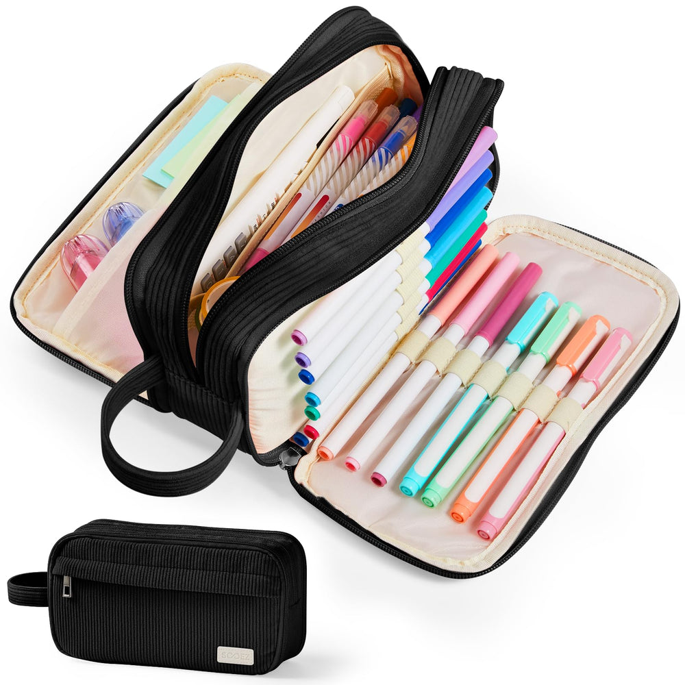 Sooez High Capacity Pencil Case, Soft Corduroy Pencil Pouch with 4 Compartments, Multiple Pockets, Large Pencil Bag with Sturdy Zipper, Cute Pencil Case Pouch Organizer for Student Teen Girls, Blue