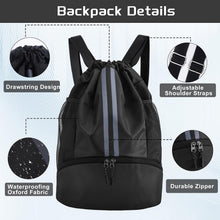 Sports Drawstring Backpack with Shoes Compartment, String Gym Bag with Wet Proof Pocket for Basketball, Soccer, Swim, Black Sport Bag for Men and Women