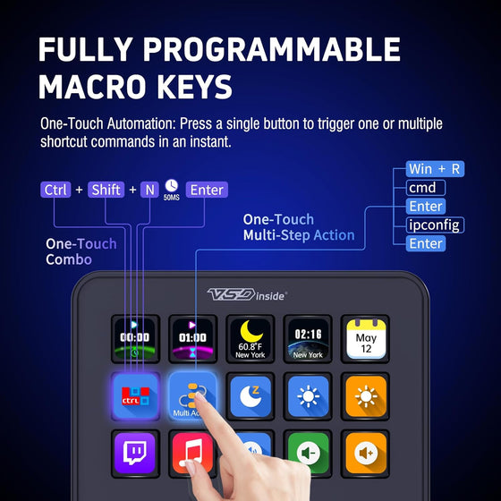 VSDINSIDE Macro Keypad, Stream Controller Deck Gaming Streaming Shortcut Keyboard, 18 Programmable Keys Customizable Visual AI Pad USB Soundboard for OBS, YouTube, Desk Office Setup, Laptop, PC, Mac - hover image