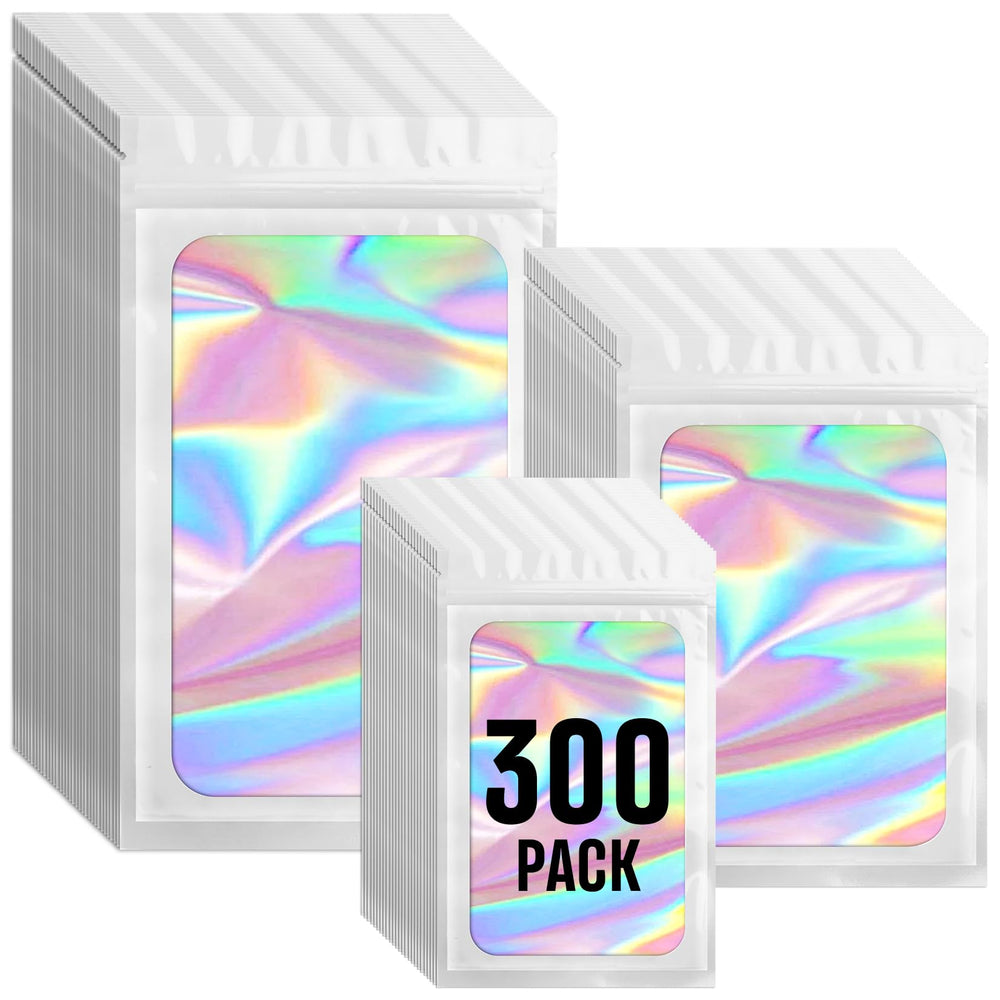 Funfery 300 Pack 3 Size Mylar Holographic Bags with Clear Window,Resealable Bag Smell Proof Bags Zipper Foil Baggie Packaging Pouch for Food Storage,Sample,Small Business(Black,3x4.7,4x6,4.7x7.9in)