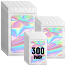 Funfery 300 Pack 3 Size Mylar Holographic Bags with Clear Window,Resealable Bag Smell Proof Bags Zipper Foil Baggie Packaging Pouch for Food Storage,Sample,Small Business(Black,3x4.7,4x6,4.7x7.9in)