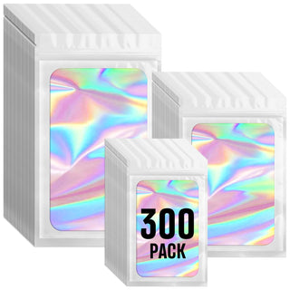 Funfery 300 Pack 3 Size Mylar Holographic Bags with Clear Window,Resealable Bag Smell Proof Bags Zipper Foil Baggie Packaging Pouch for Food Storage,Sample,Small Business(Black,3x4.7,4x6,4.7x7.9in)