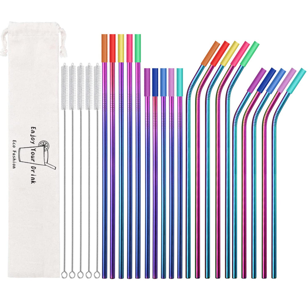 20 Pack Reusable Stainless Steel Metal Straws,10.5" & 8.5" Reusable Drinking Straws with 20 Silicone Tips 5 Straw Brushes 1 Travel Case,Eco Friendly Extra Long Metal Straw Fit for 20 24 30 oz Tumbler