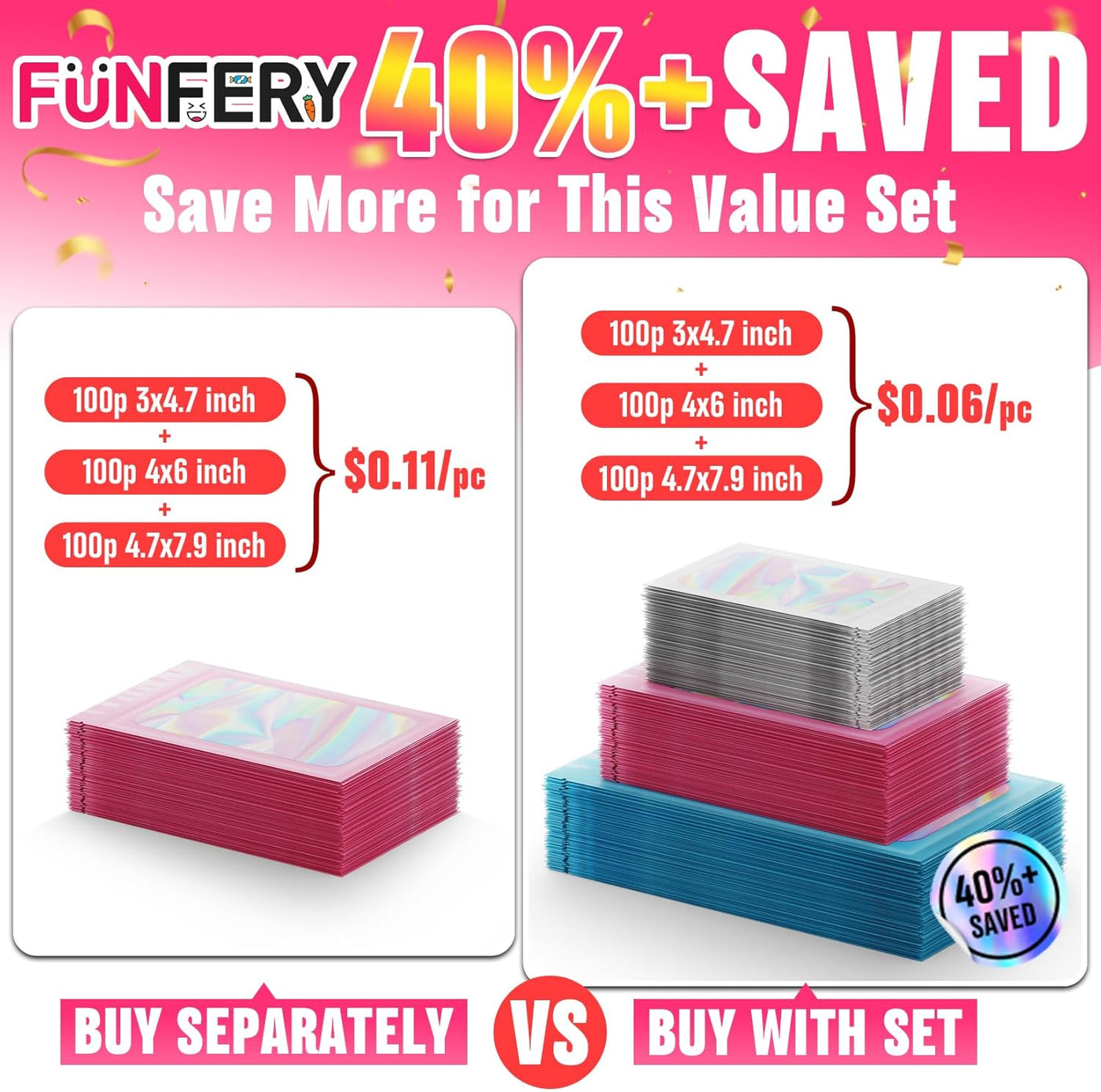 Funfery 300 Pack 3 Size Mylar Holographic Bags with Clear Window,Resealable Bag Smell Proof Bags Zipper Foil Baggie Packaging Pouch for Food Storage,Sample,Small Business(Black,3x4.7,4x6,4.7x7.9in)