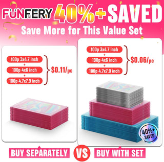 Funfery 300 Pack 3 Size Mylar Holographic Bags with Clear Window,Resealable Bag Smell Proof Bags Zipper Foil Baggie Packaging Pouch for Food Storage,Sample,Small Business(Black,3x4.7,4x6,4.7x7.9in)
