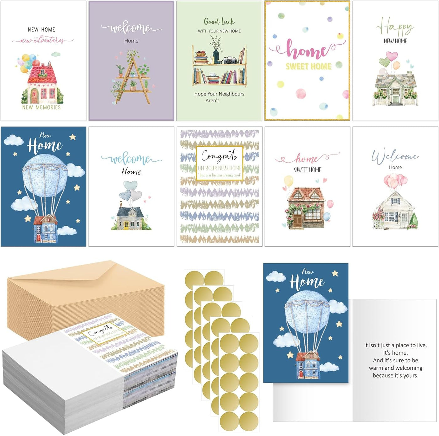Motiskyy 50 Sets New Home Card,Housewarming Congratulations Welcome Cards with Envelopes and stickers New Home Apartment Card 10 Styles House Gifts for Friends Coworkers Neighbors Christmas