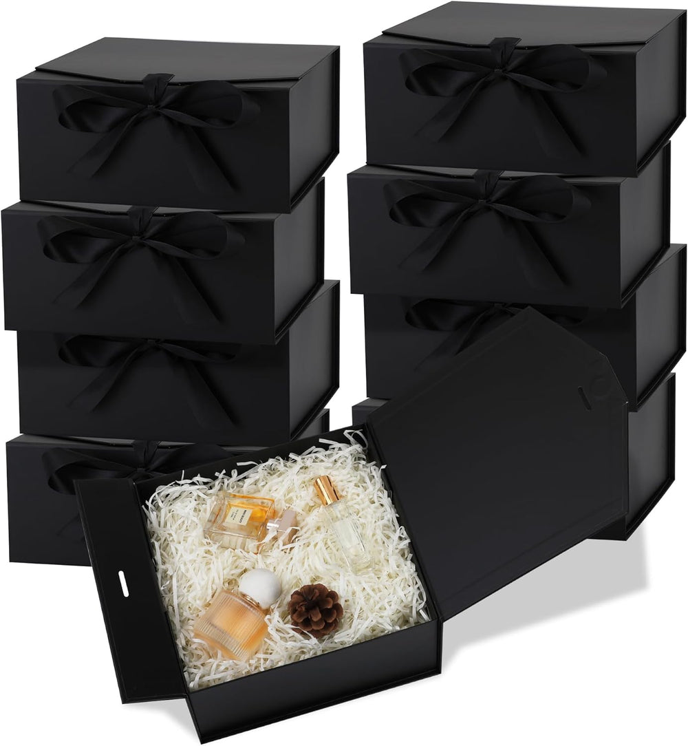 OEMVALATY 8-Pack Gift Boxes,9x9x4 Inch Magnetic Gift Boxes with Lids for Presents,Black with Ribbon, Bridesmaid Proposal Box for Wedding, Storage, Birthday