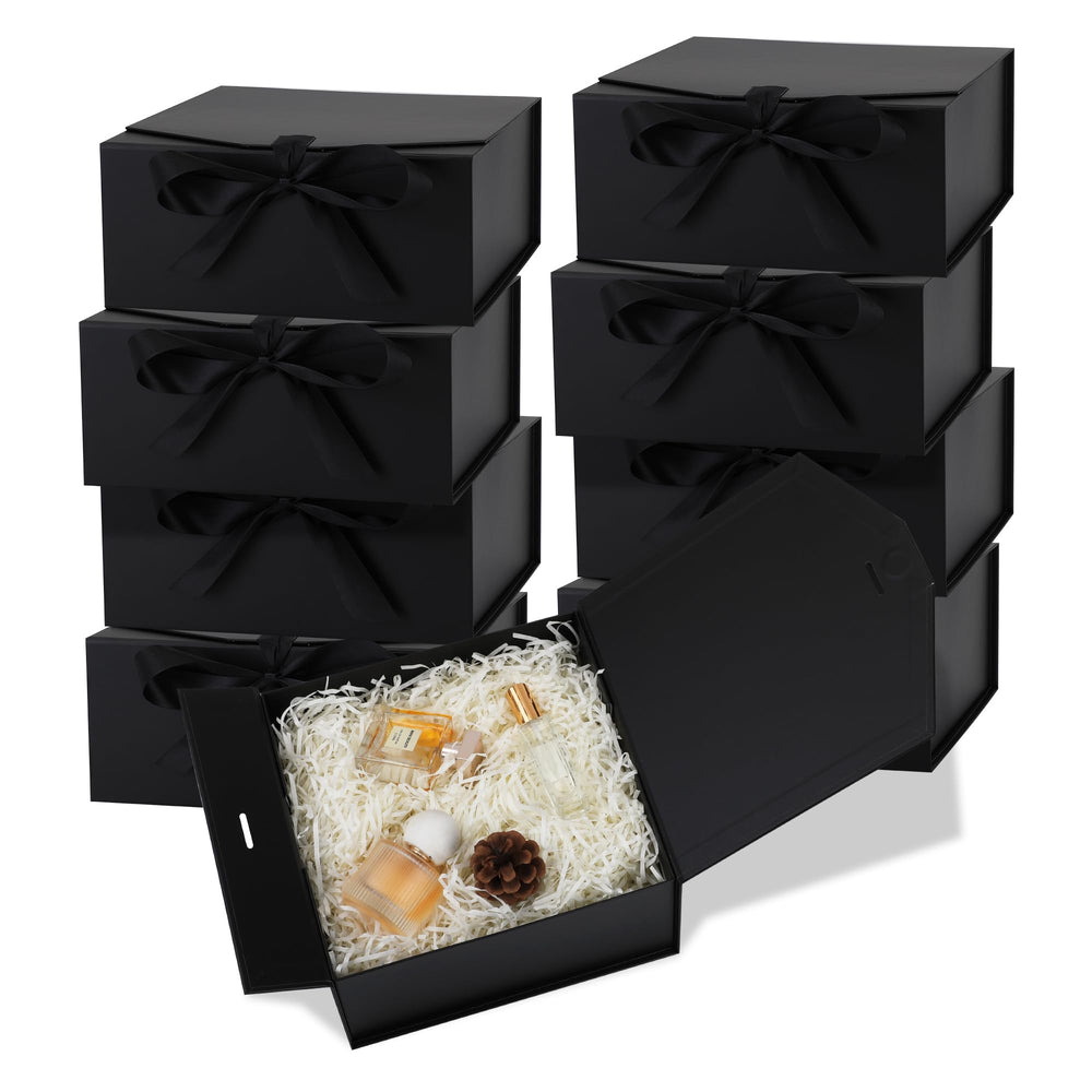 OEMVALATY 8-Pack Gift Boxes,9x9x4 Inch Magnetic Gift Boxes with Lids for Presents,Black with Ribbon, Bridesmaid Proposal Box for Wedding, Storage, Birthday