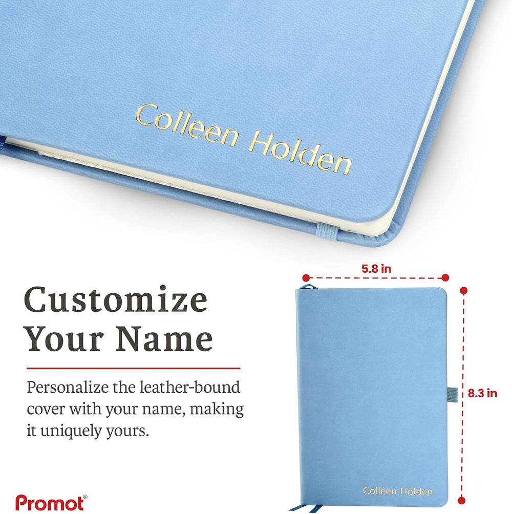 Promot Ruled Journal Notebook - Custom Embossed Text with Gold Metallic Foil - A5 Sky Blue 192 Lined Pages 8.2 x 5.5 Inch, 100 GSM, Pen Loop, Inner Pocket, Elastic Band, PU Leather Hardcover