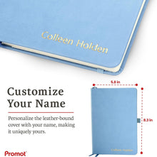 Promot Ruled Journal Notebook - Custom Embossed Text with Gold Metallic Foil - A5 Sky Blue 192 Lined Pages 8.2 x 5.5 Inch, 100 GSM, Pen Loop, Inner Pocket, Elastic Band, PU Leather Hardcover