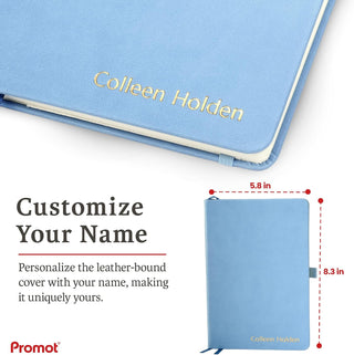 Promot Ruled Journal Notebook - Custom Embossed Text with Gold Metallic Foil - A5 Sky Blue 192 Lined Pages 8.2 x 5.5 Inch, 100 GSM, Pen Loop, Inner Pocket, Elastic Band, PU Leather Hardcover