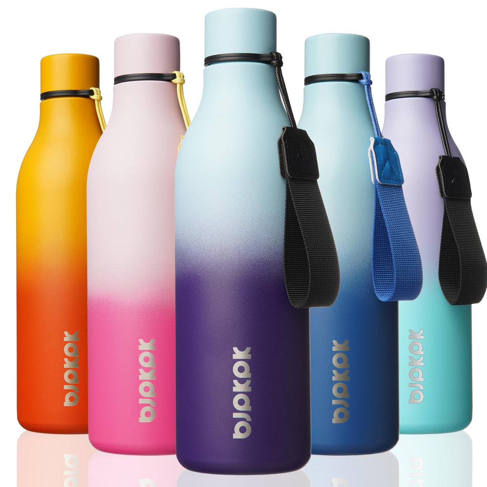 BJPKPK Insulated Water Bottles, 18 oz Stainless Steel Metal Water Bottle with Strap, BPA Free Leak Proof Jugs, Mugs, Flasks, Reusable Thermal Flasks for Sports & Travel, Orange