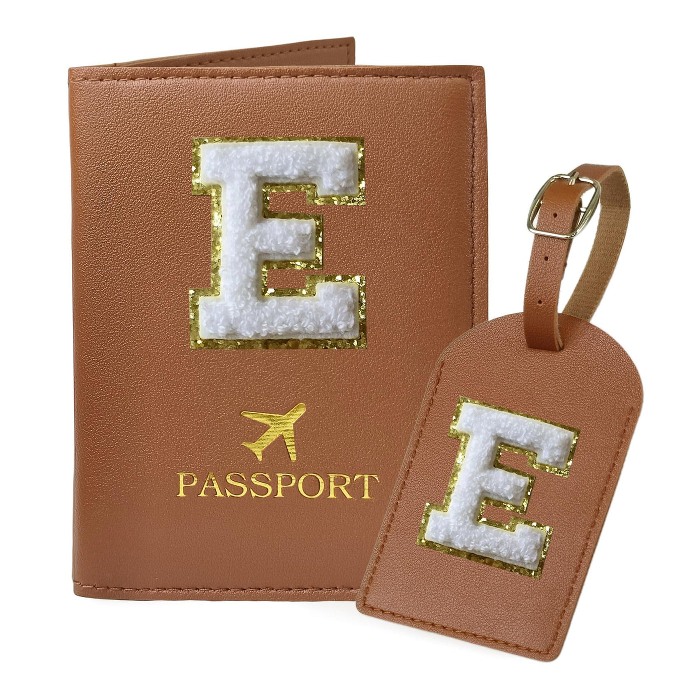 COSHAYSOO Purple Passport Cover Holder and Initial Luggage Tag Set TSA Approved with Personalized Monogram Chenille Letter Patch for Women Teen Girls, Cute Travel Bag Suitcase Identifier (A)