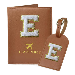 COSHAYSOO Purple Passport Cover Holder and Initial Luggage Tag Set TSA Approved with Personalized Monogram Chenille Letter Patch for Women Teen Girls, Cute Travel Bag Suitcase Identifier (A)